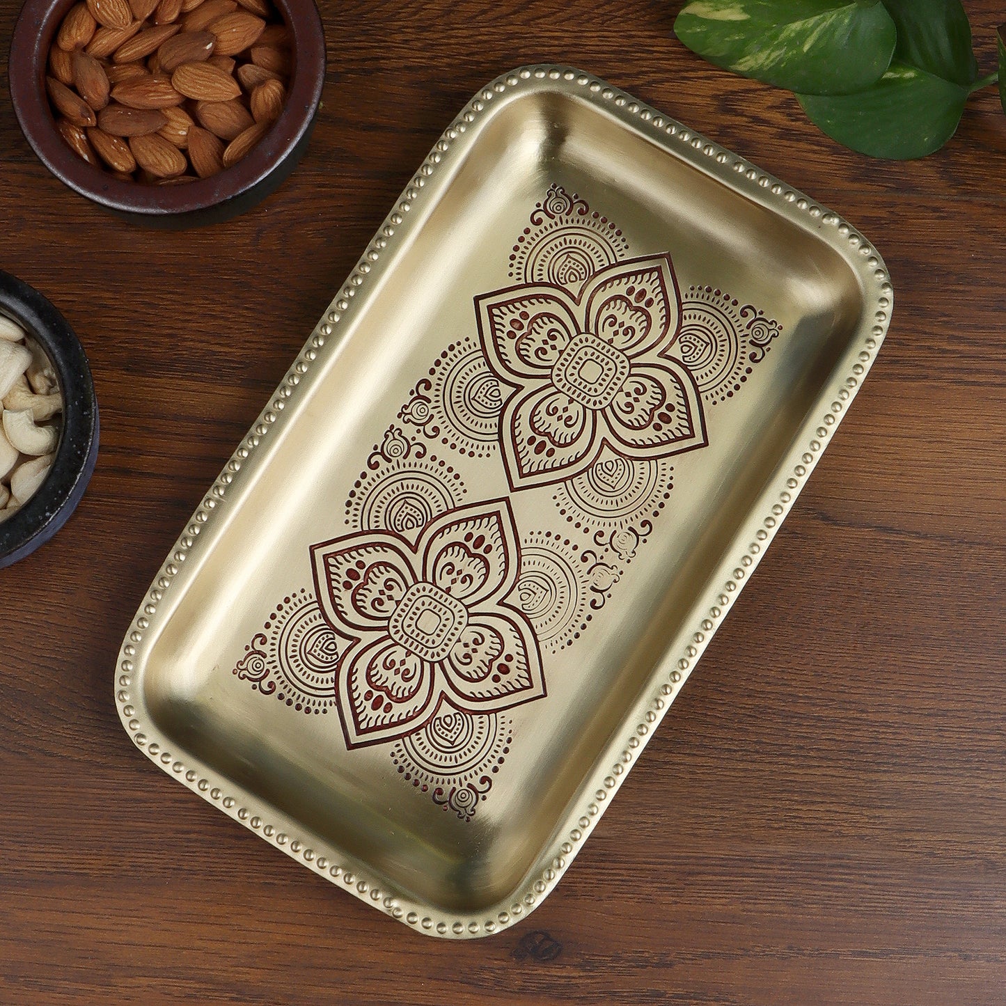 Dohar Brass Rectangular Tray (Maroon)