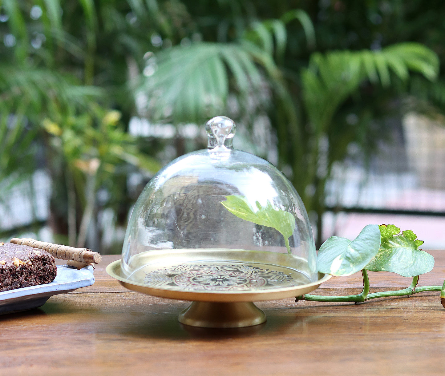 Utsav Brass Cake Stand with Glass Cloche (Maroon)