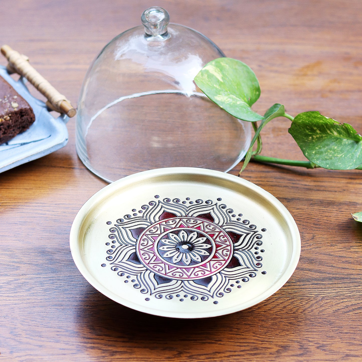 Utsav Brass Cake Stand with Glass Cloche (Maroon)
