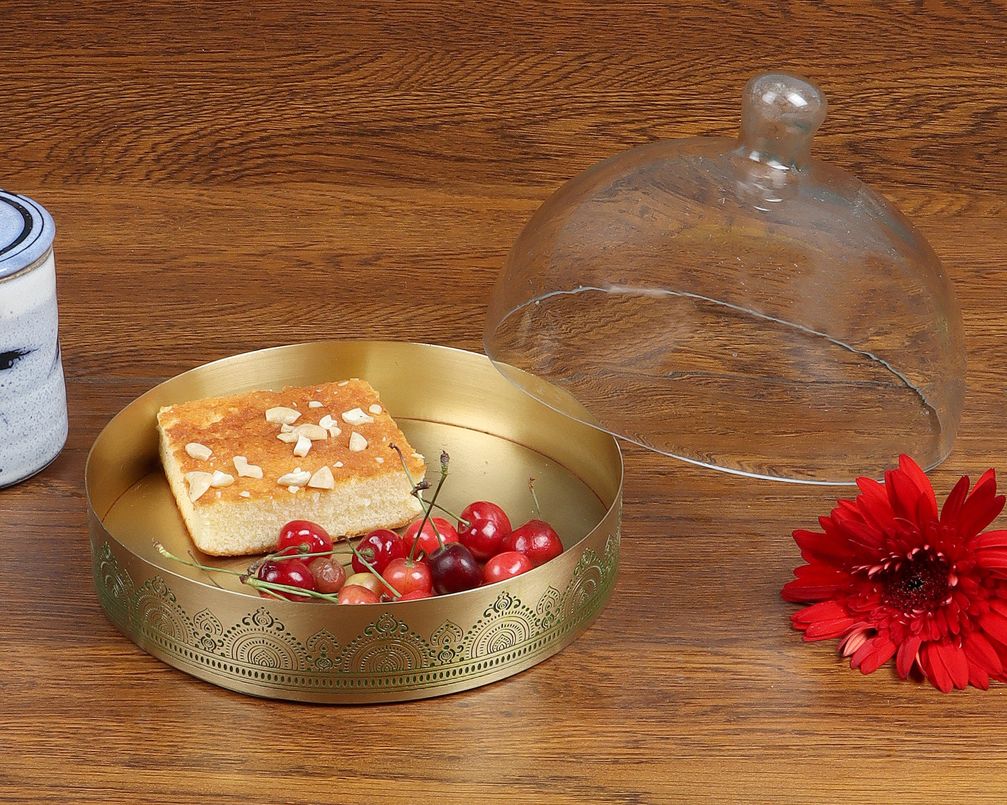 Dohar Brass Cookie Server with Glass Cloche (Green)