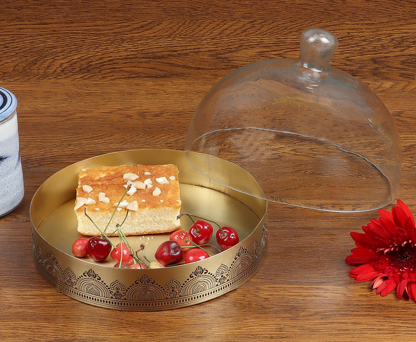 Dohar Brass Cookie Server with Glass Cloche (Maroon)