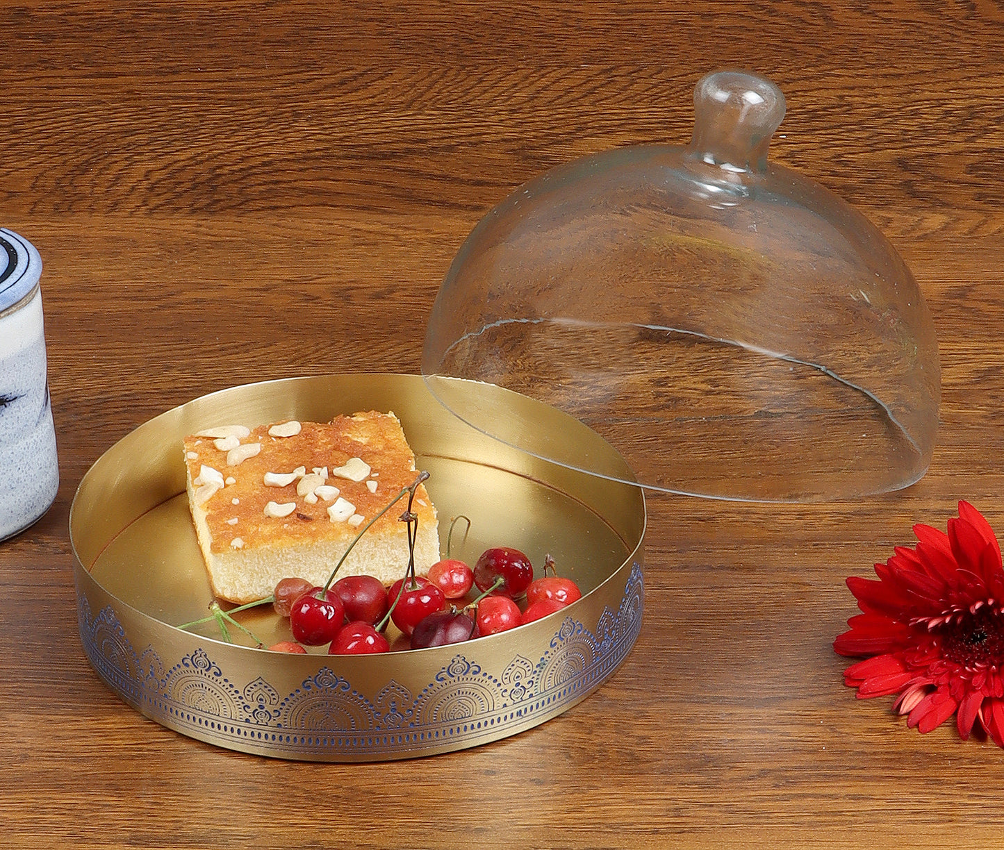 Dohar Brass Cookie Server with Glass Cloche (Blue)