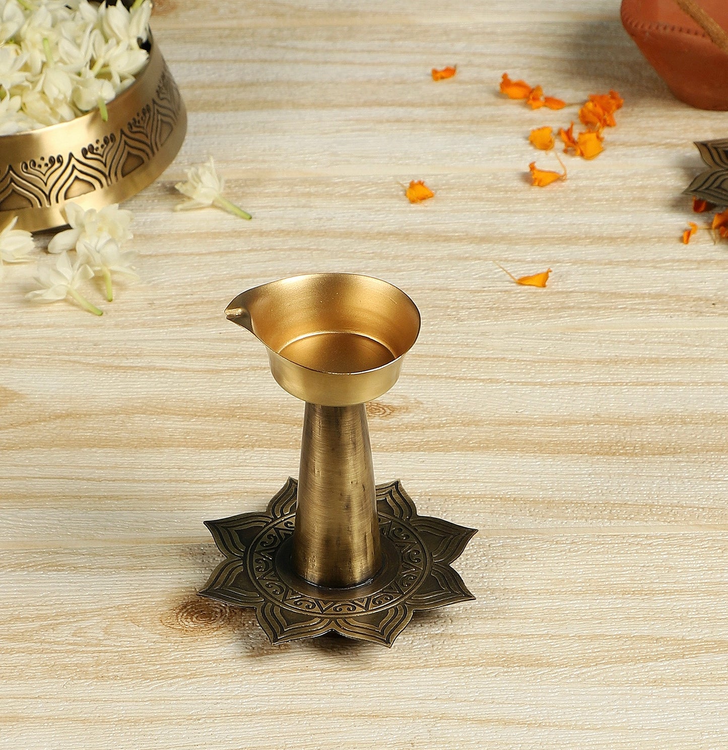 Alpana Brass Diya with stand (Gold & Antique)