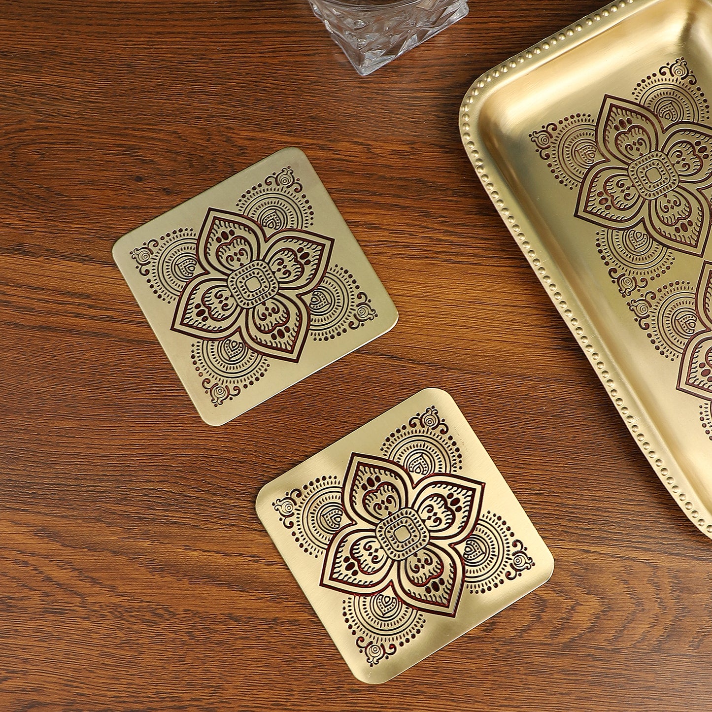 Dohar Brass Square Coaster - Set of 2 (Maroon)