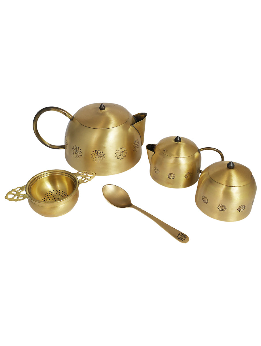Marigold Brass Tea set with Teapot,Sugar pot, Milk pot,Strainer and Spoon