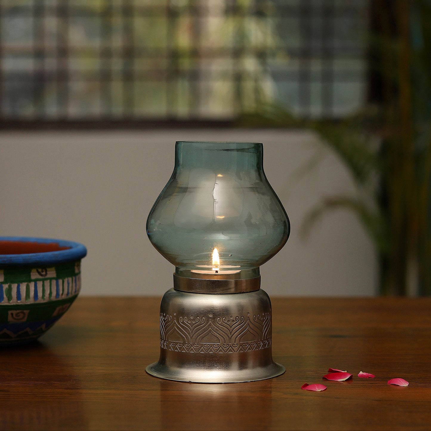 Utsav Silver Plated candle base with Blue Glass Chimney