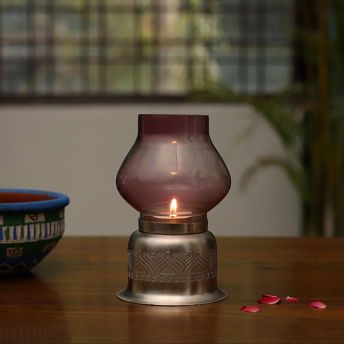 Utsav Silver Plated candle base with Purple Glass Chimney