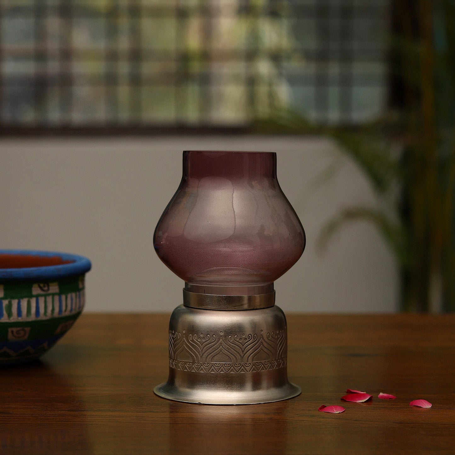 Utsav Silver Plated candle base with Purple Glass Chimney