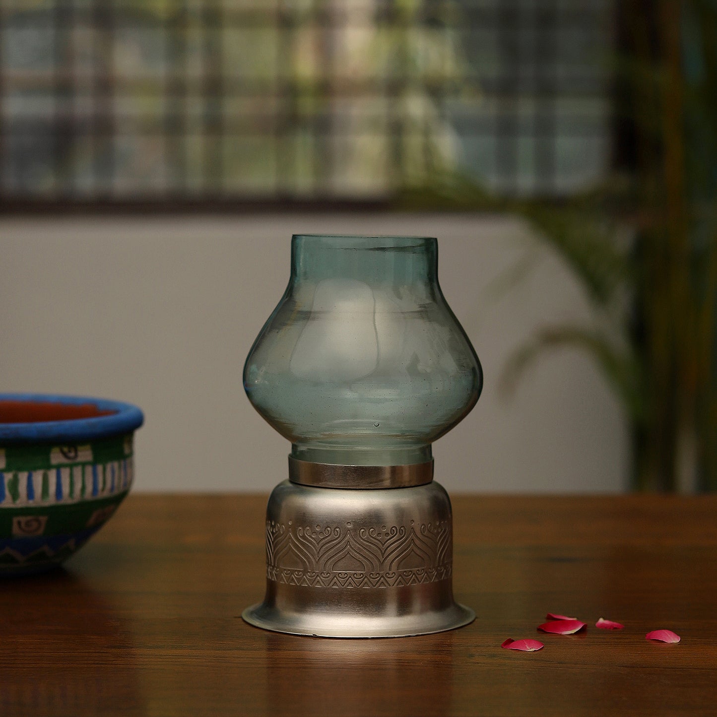 Utsav Silver Plated candle base with Blue Glass Chimney