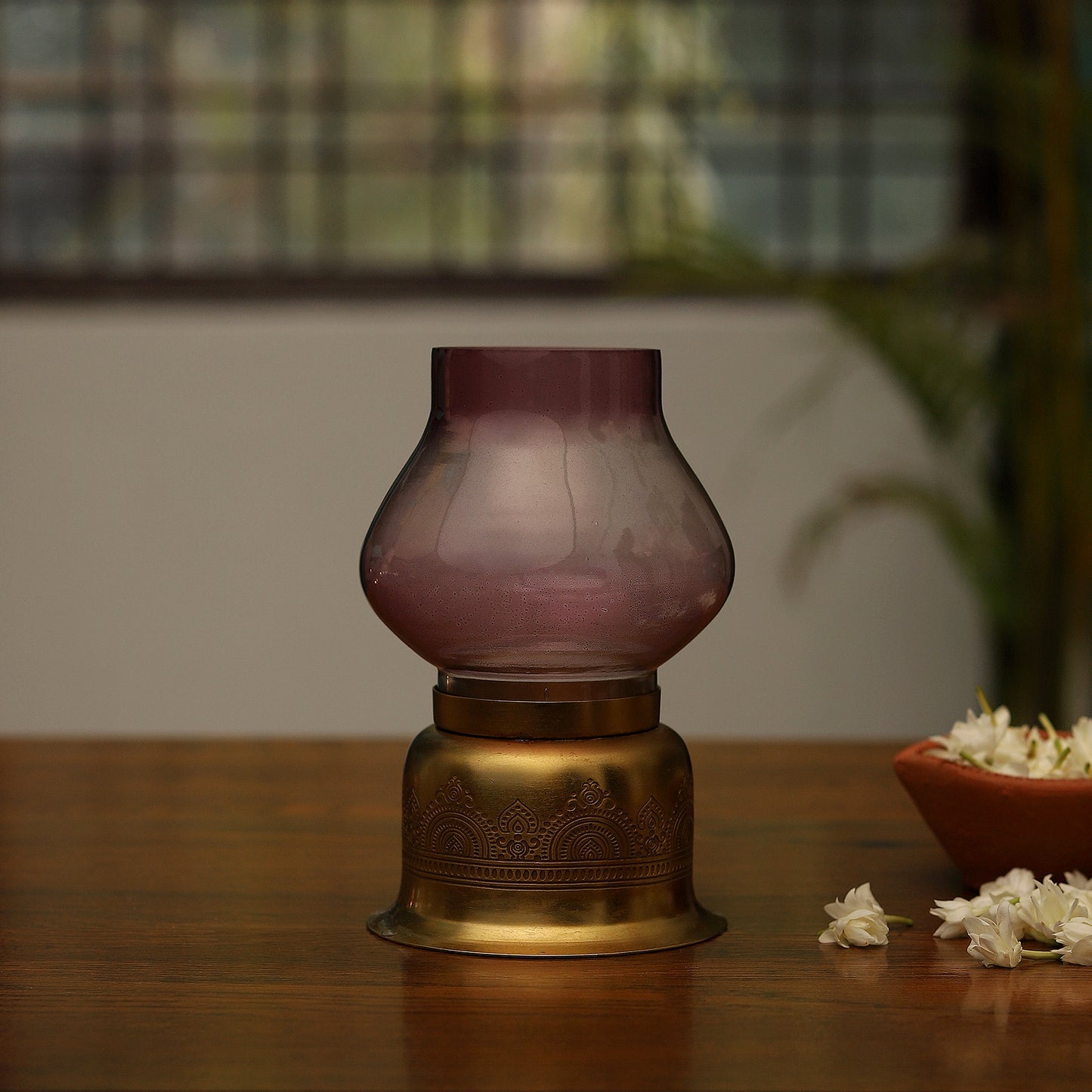 Dohar Gold Plated candle base with Purple Glass Chimney