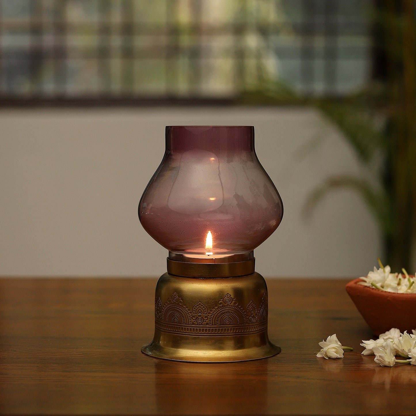 Dohar Gold Plated candle base with Purple Glass Chimney