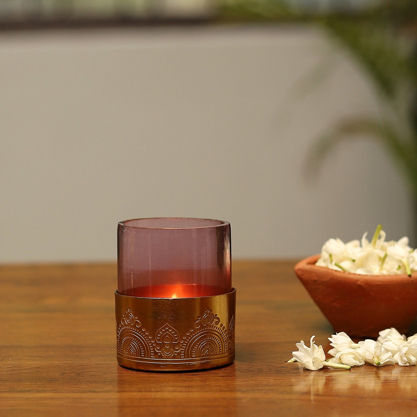 Dohar Gold Plated Votive with Purple Glass - Set of 2