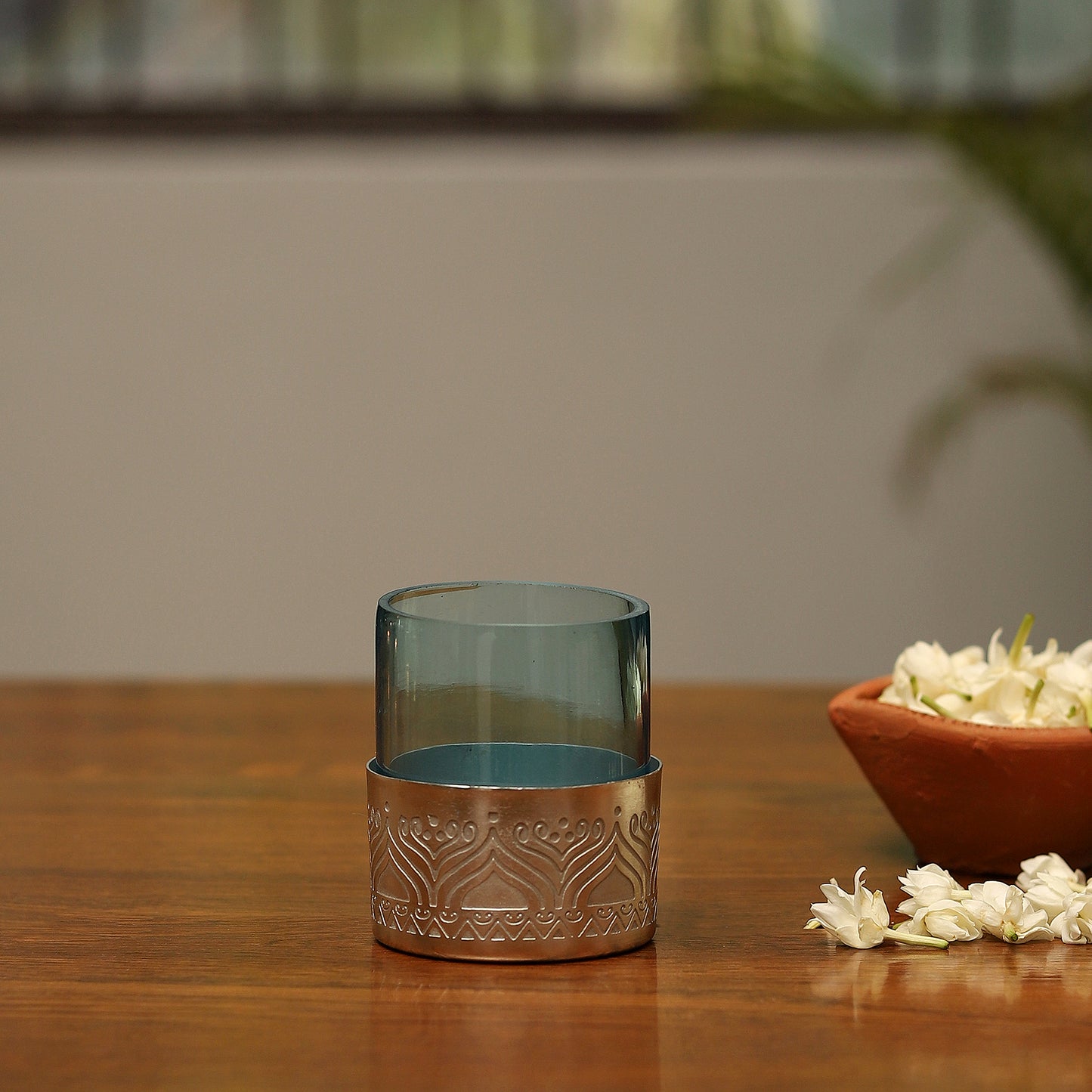 Utsav Silver Plated Votive with Blue Glass - Set of 2