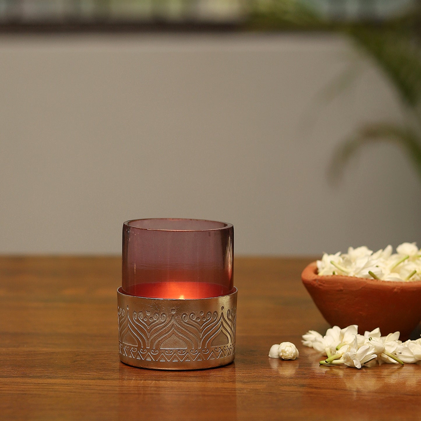 Utsav Silver Plated Votive with Purple Glass - Set of 2