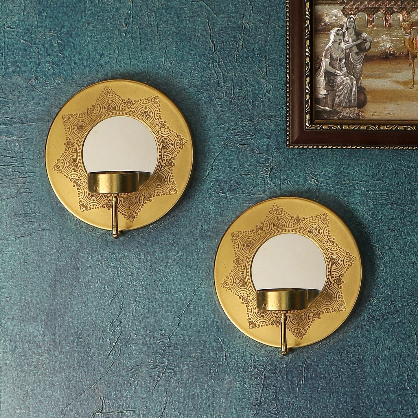 Dohar Gold Plated Wall Sconce with mirror & tea light holder - Set of 2