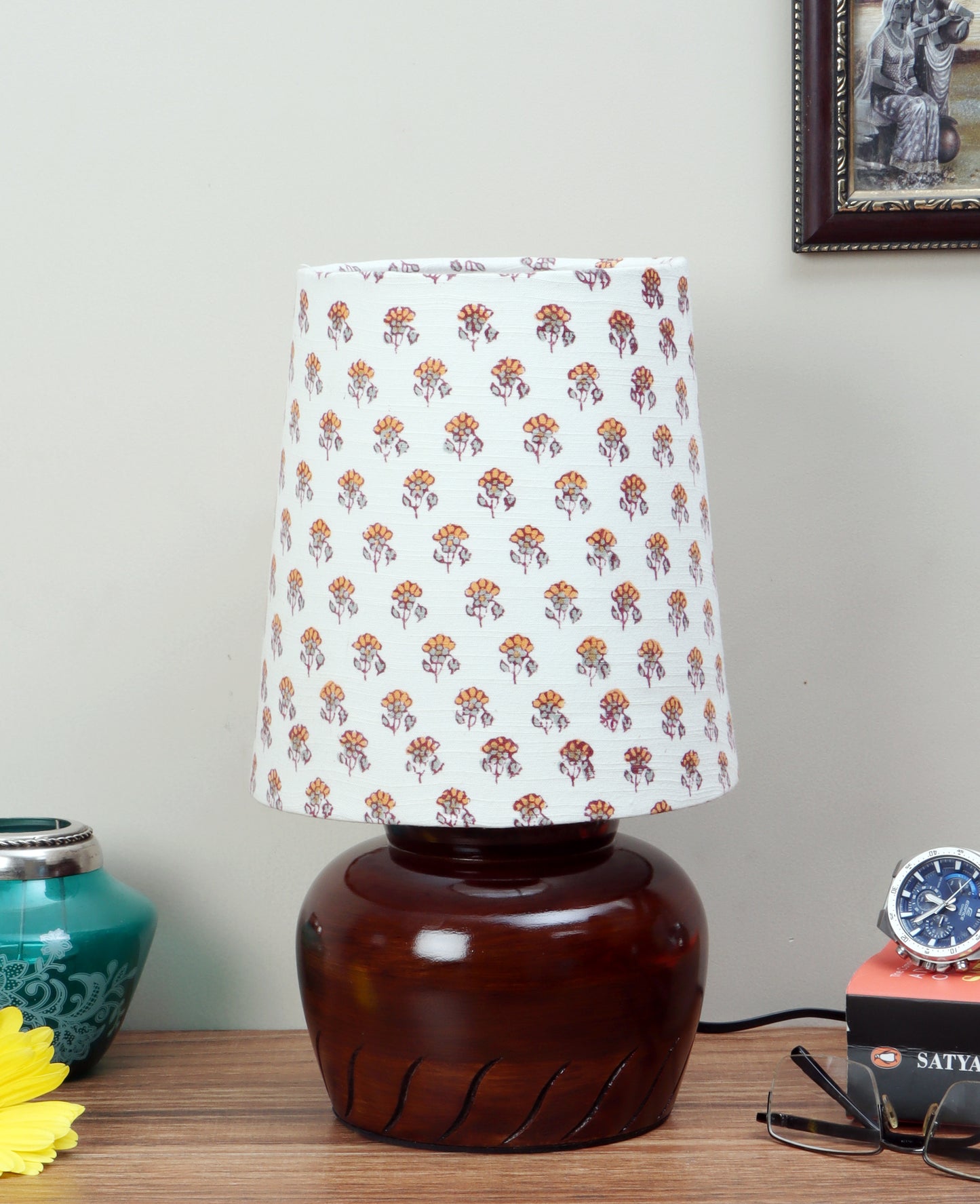 Nirvana Bed side Lamp with Yellow Printed Shade