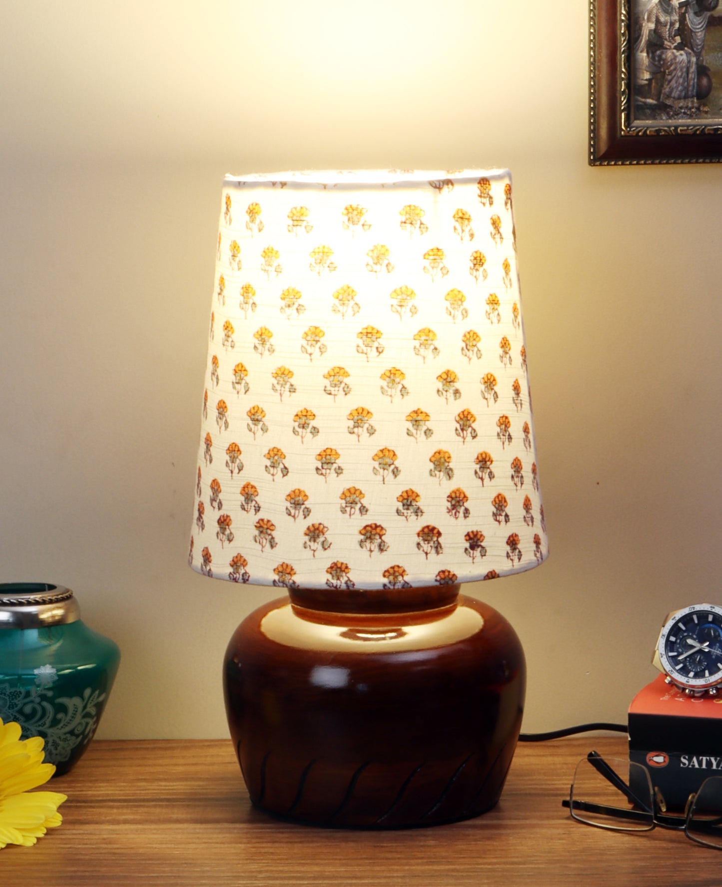 Nirvana Bed side Lamp with Yellow Printed Shade