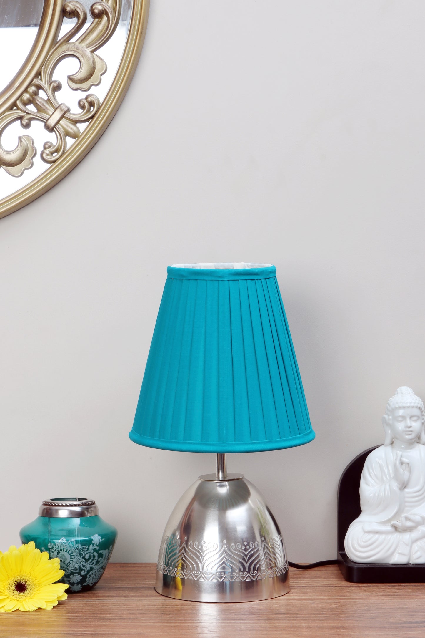 Utsav Silver plated Table Lamp with Teal pleated shade