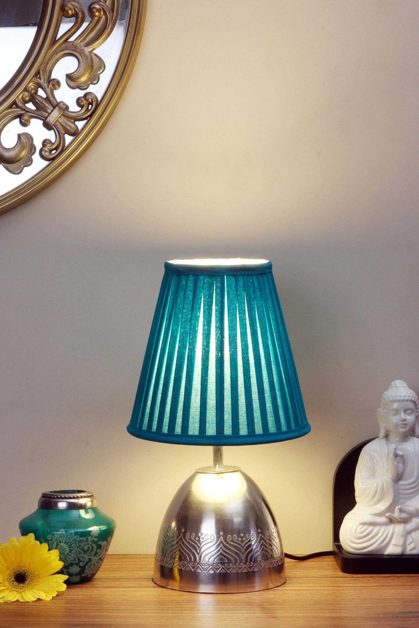Utsav Silver plated Table Lamp with Teal pleated shade