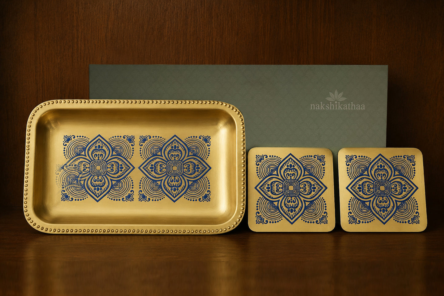 Dohar Brass Serveware Gift Hamper with Brass Rectangular Tray & Square Set of 2 coasters (Blue)