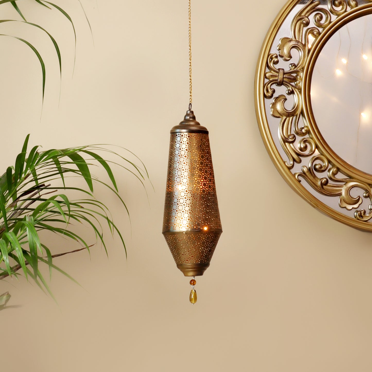 Mysore Hanging Tea Light Holder with 3 candles (Gold & Antique)