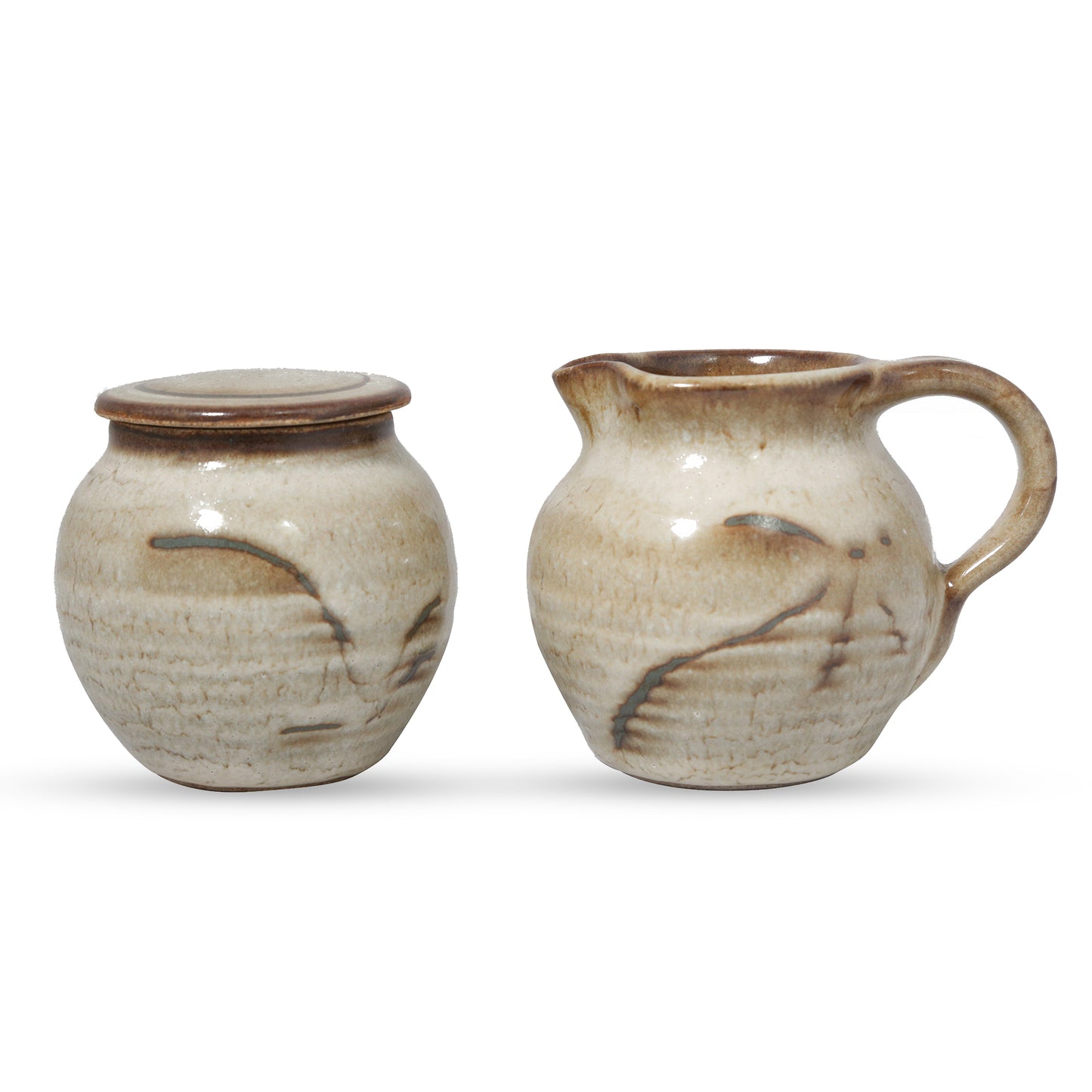 Studio Pottery Sugar Pot and Milk Jug Set (Off White & Brown)