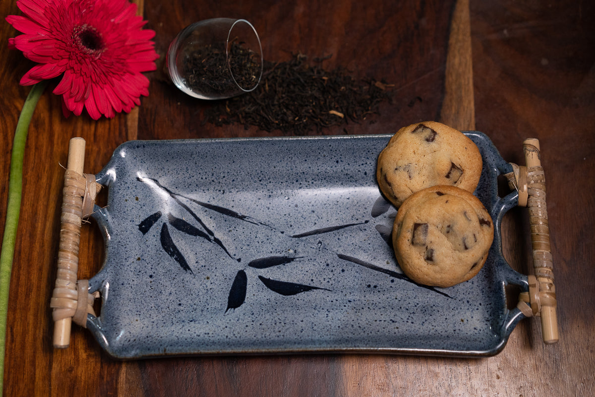 Studio Pottery Rectangular Platter with Cane Handle (Light Blue)