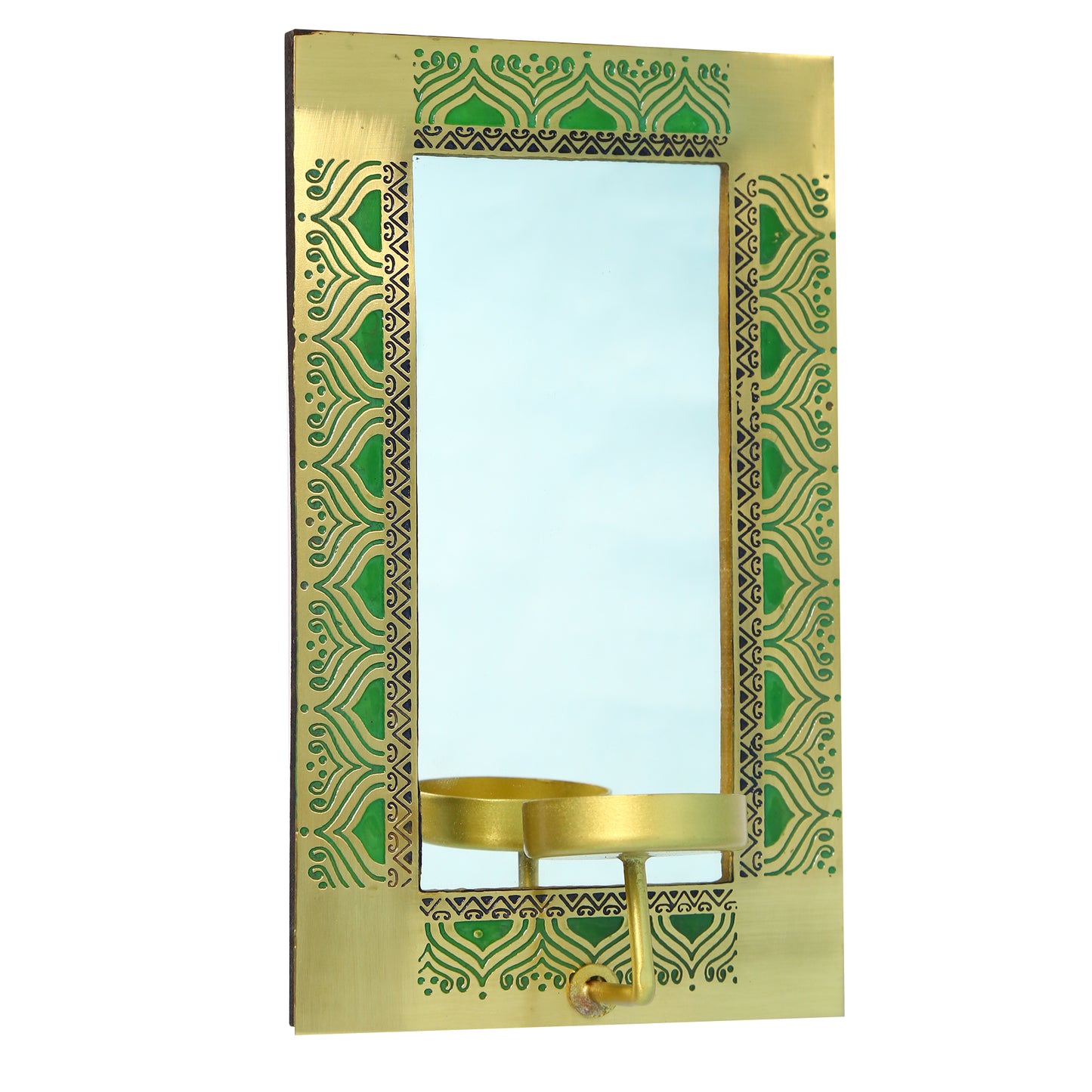 Utsav Brass Wall Sconce with Mirror & Tea Light holder (Green)
