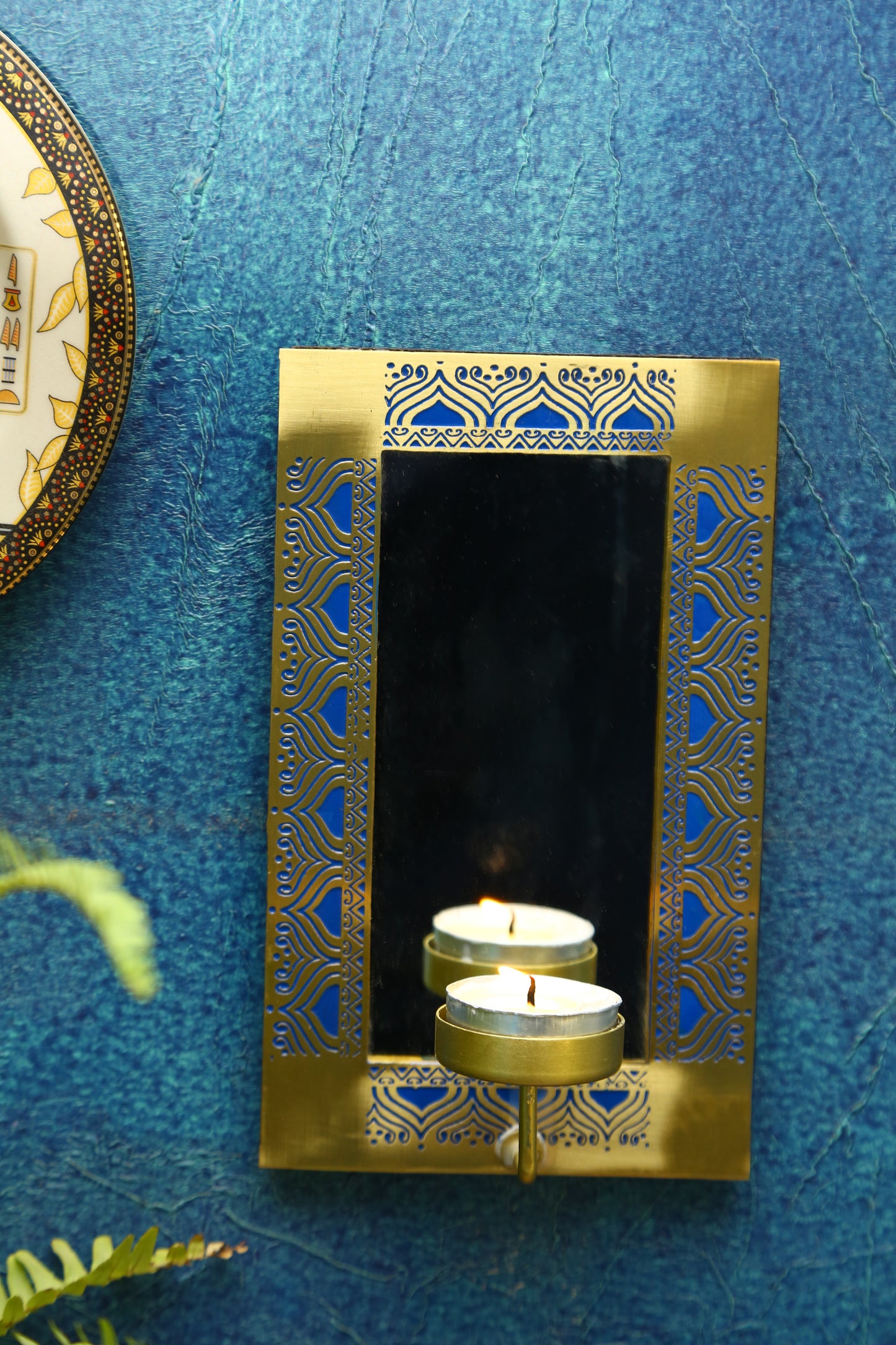 Utsav Brass Wall Sconce with Mirror & Tea Light holder (Blue)
