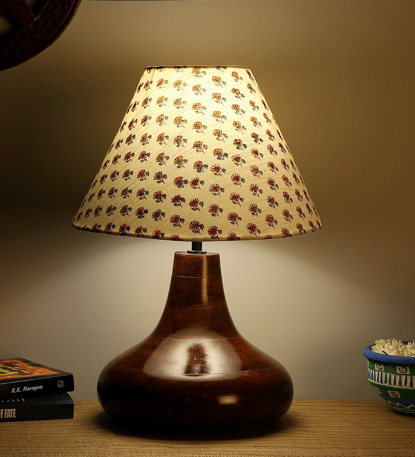 Yogasana Dark brown Table Lamp with Yellow Printed Shade