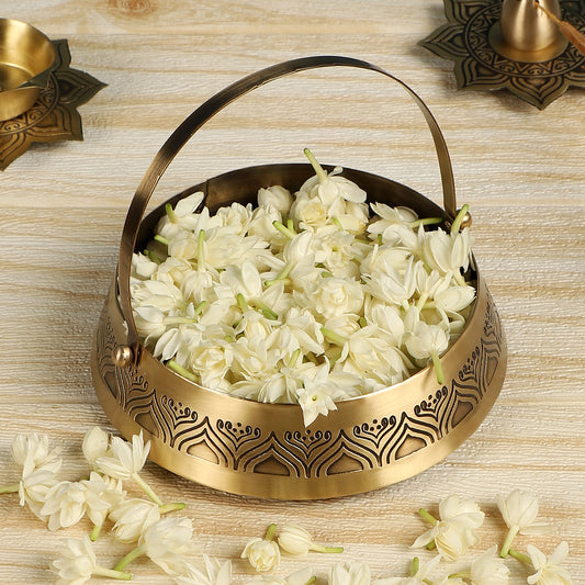 Alpana Brass Flower Basket with handle (Gold & Antique)