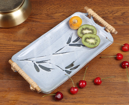Studio Pottery Rectangular Platter with Cane Handle (Light Blue)