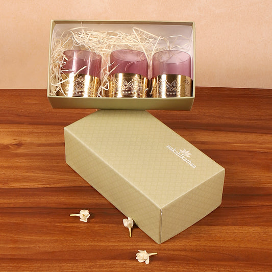 Dohar Festive Gift hamper with Brass Plated Votive and Purple Glass - Set of 3