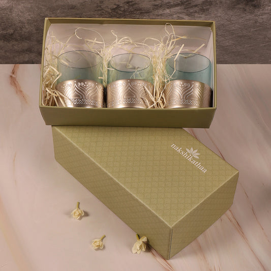 Utsav Festive Gift hamper with Silver Plated Votive and Blue Glass - Set of 3