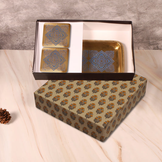 Dohar Brass Serveware Gift Hamper with Brass Rectangular Tray & Square Set of 2 coasters (Blue)