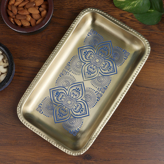 Dohar Brass Rectangular Tray (Blue)