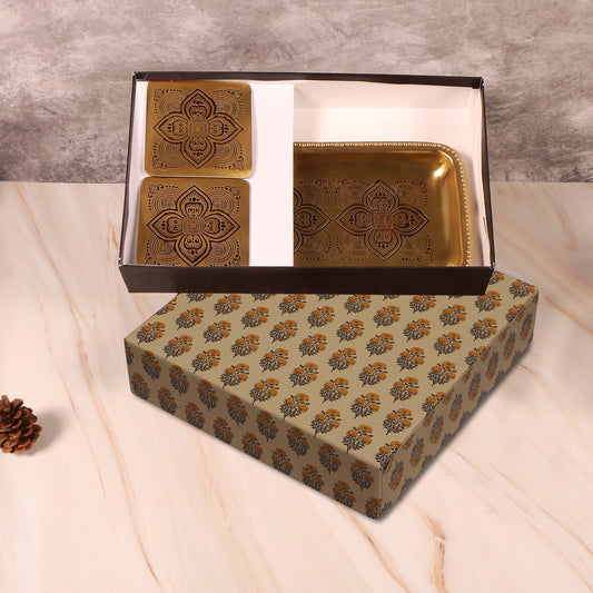Dohar Brass Serveware Gift Hamper with Brass Rectangular Tray & Square Set of 2 coasters (Maroon)