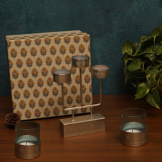 Utsav Festive Gift hamper with Silver Plated Assorted Tea Light stand and Set of 2 Votive with Blue Glass