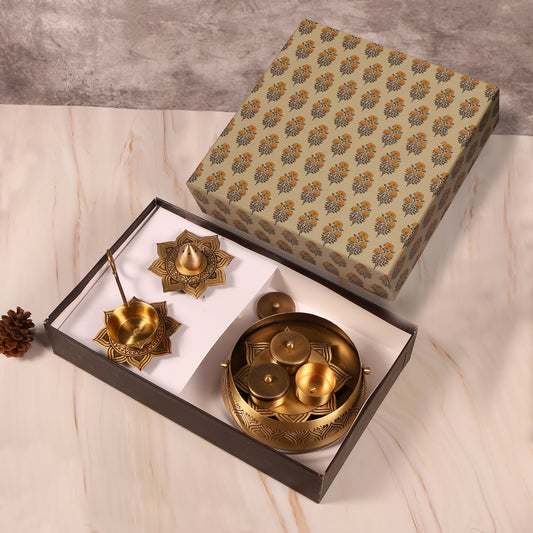 Alpana Brass Divinity Gift Hamper with Flower Basket, Kum Kum Holder, Arti Diya & Incense Holder