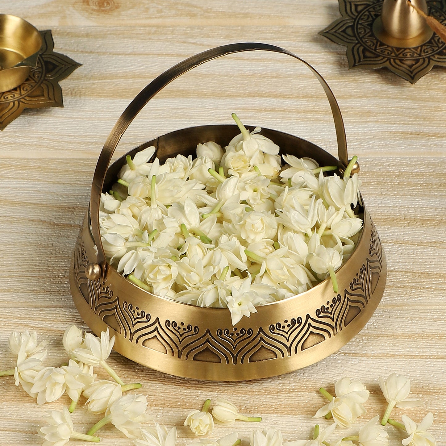 Alpana Brass Divinity Gift Hamper with Flower Basket, Kum Kum Holder, Arti Diya & Incense Holder