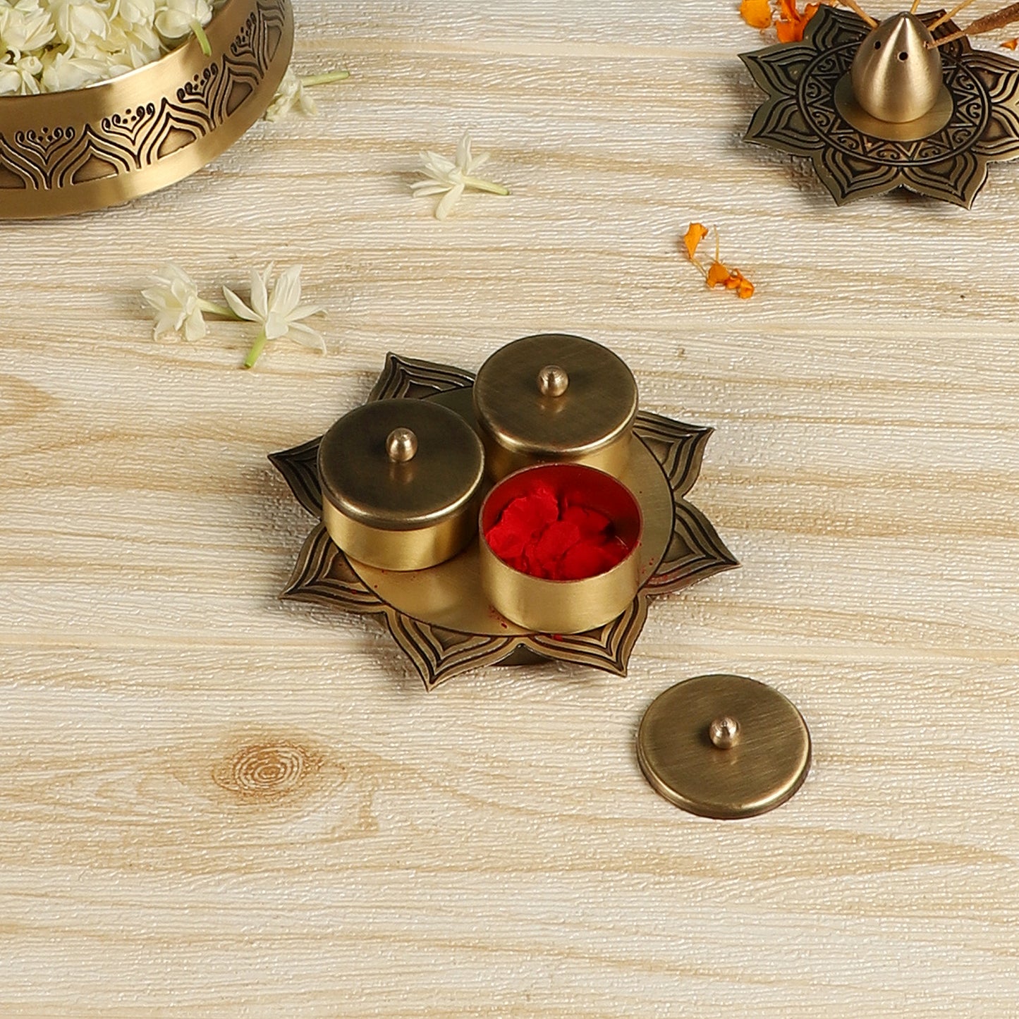 Alpana Brass Divinity Gift Hamper with Flower Basket, Kum Kum Holder, Arti Diya & Incense Holder
