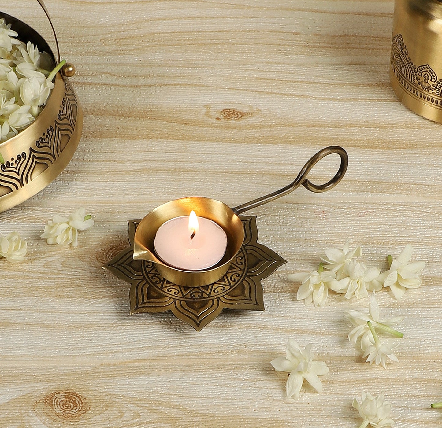 Alpana Brass Divinity Gift Hamper with Flower Basket, Kum Kum Holder, Arti Diya & Incense Holder