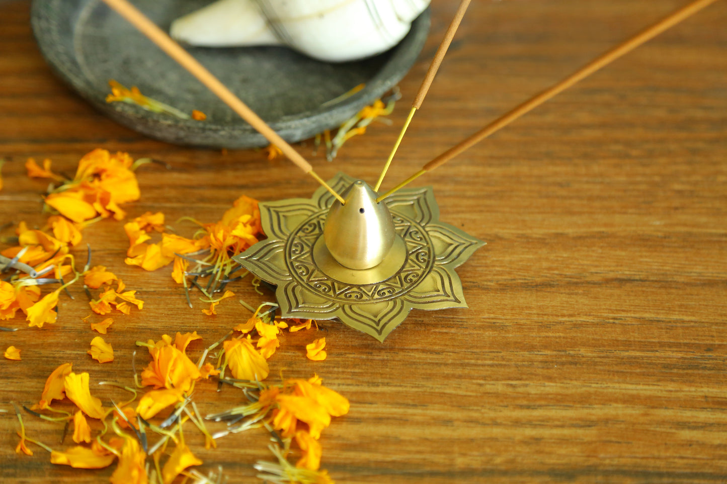 Alpana Brass Divinity Gift Hamper with Flower Basket, Kum Kum Holder, Arti Diya & Incense Holder