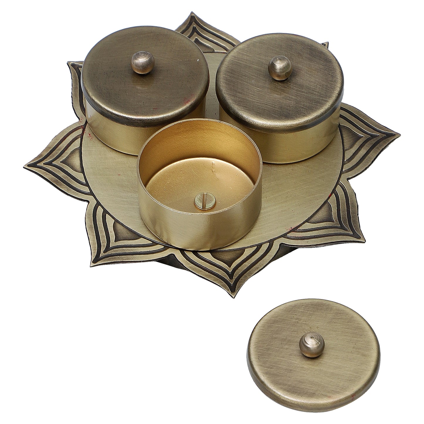 Alpana Brass Divinity Gift Hamper with Flower Basket, Kum Kum Holder, Arti Diya & Incense Holder