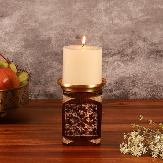 Amogh Brown and Off white Hand Carved Wooden Candle Stand with Brass Candle plate