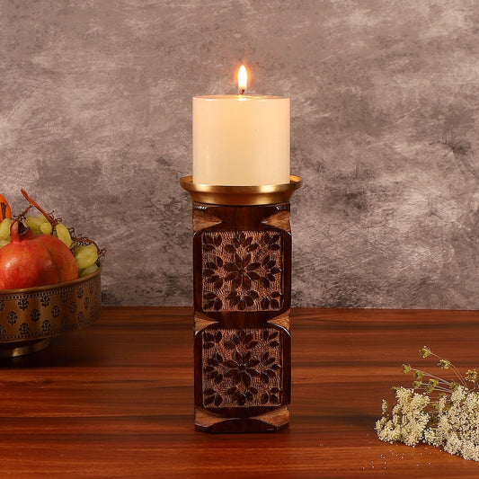 Amogh Brown and Off white Hand Carved Wooden Candle Stand with Brass Candle plate (Large)