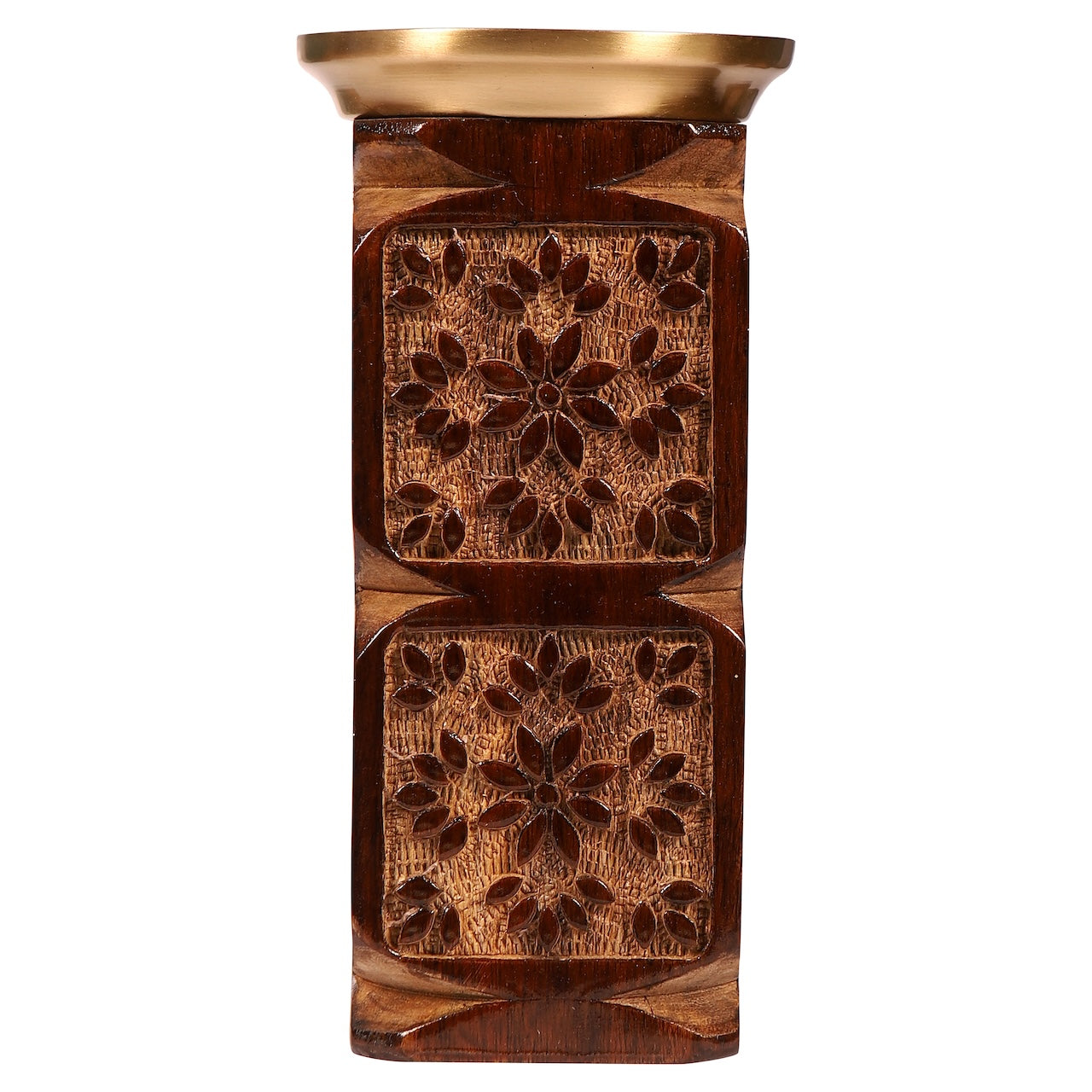 Amogh Brown and Off white Hand Carved Wooden Candle Stand with Brass Candle plate (Large)