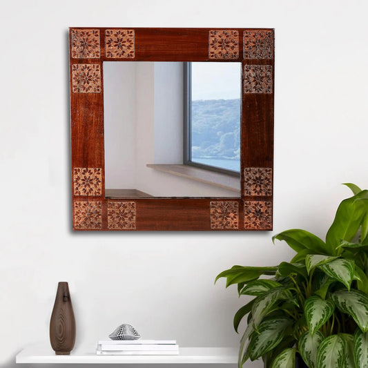 Amogh Brown and off white Hand Carved Wooden Mirror