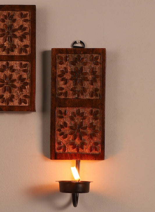 Amogh Brown and Off White Hand Carved Wooden Wall Sconce with Tea light holder