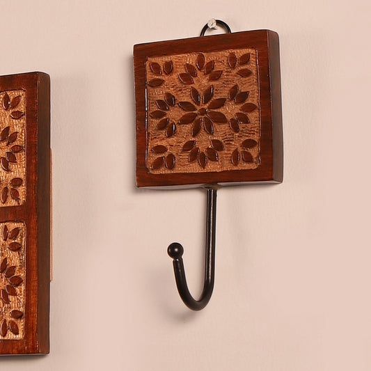 Amogh Brown and off white Hand Carved Wooden Single Wall hook